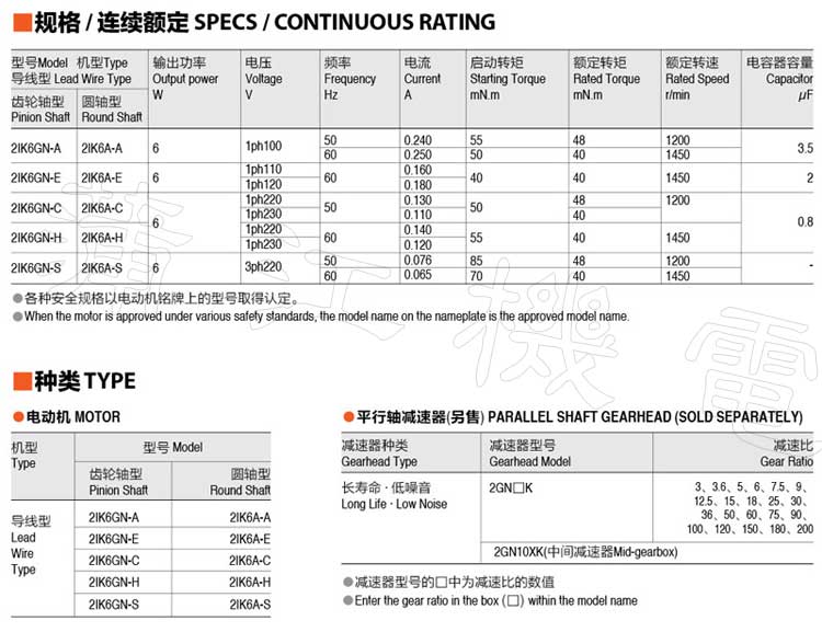 6W感应电机的转矩和型号规格表