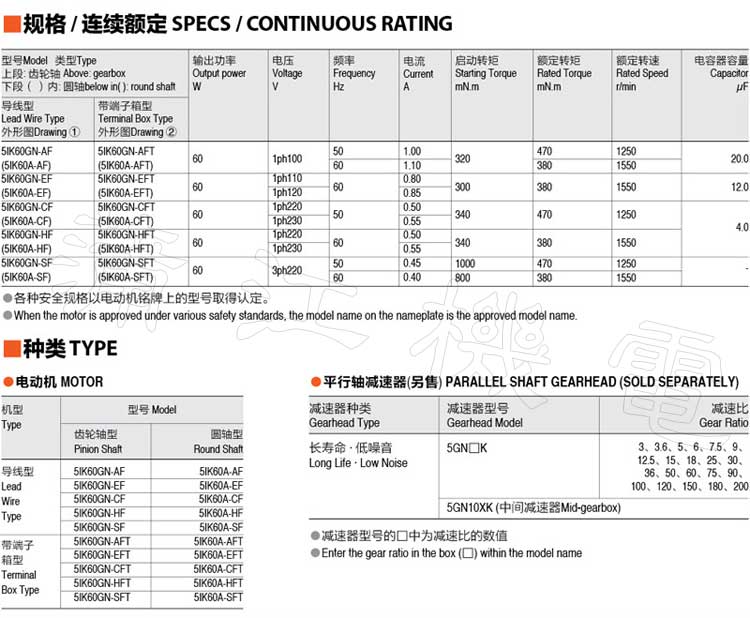 60W感应电机型号