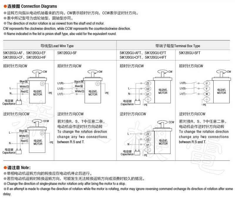 120W(90mm)感应电动机的接线图
