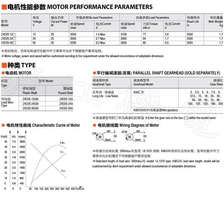 25W直流电机型号及性能参数