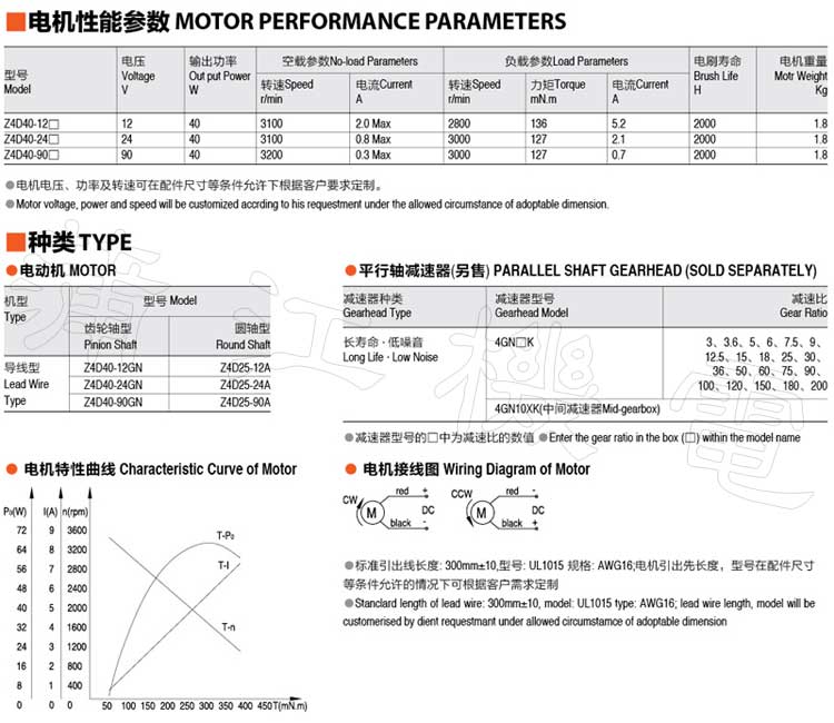40W直流电机型号及性能参数
