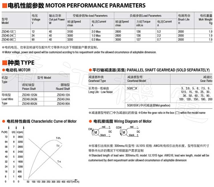 40W直流减速机型号及性能参数