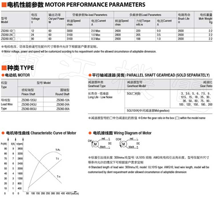 60W直流电机型号及性能参数