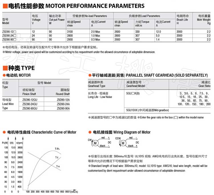 90W直流电机型号及性能参数