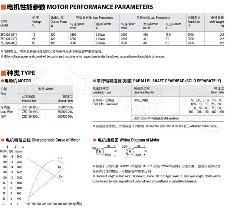 120W直流电机型号及性能参数