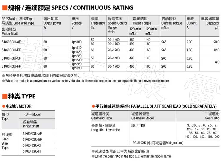 60W-GU型调速电机的型号规格