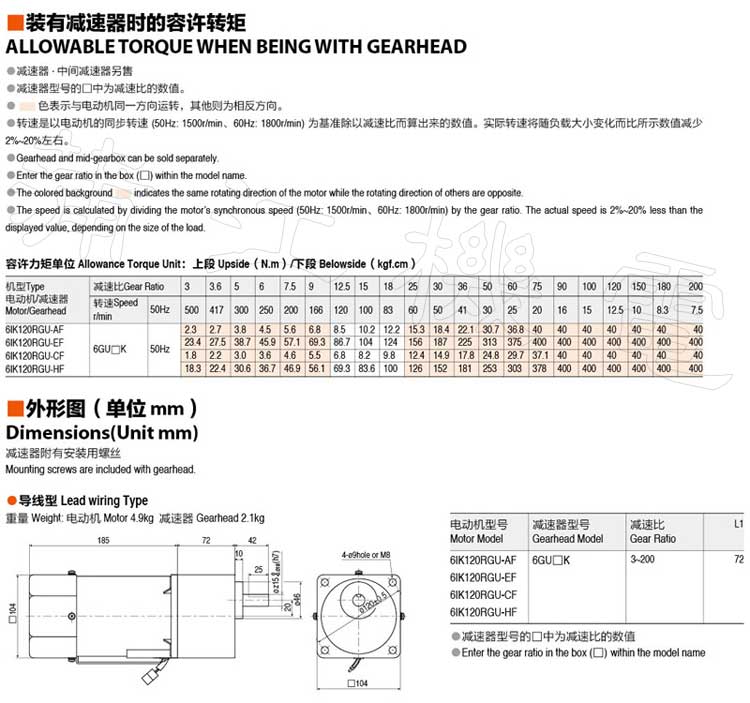 120W(104mm)调速电机的转矩和外形图