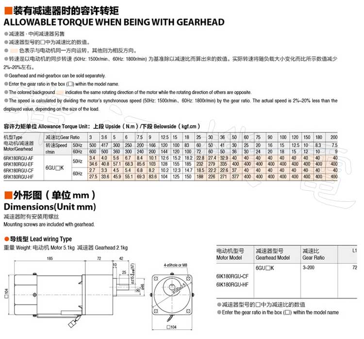 180W调速电机的额定转矩和外形图