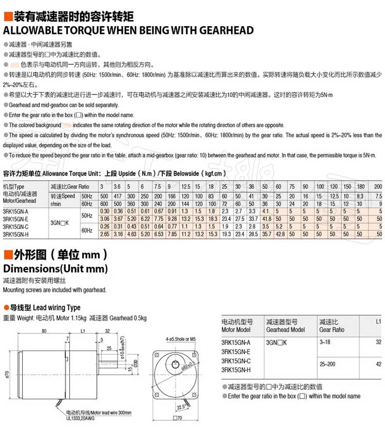 15W可逆电机的允许转矩和外形