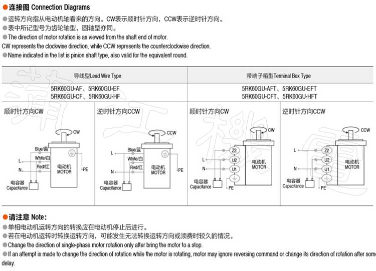 60W-GU型可逆电机的线路连接方式